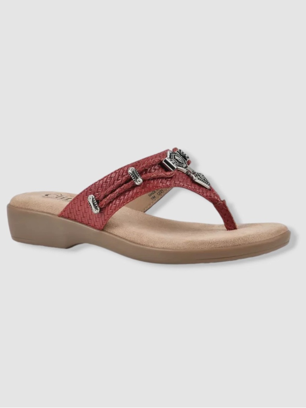 Cliffs by WHITE MOUNTAIN Bailee Thong SandalRed&White leather /Metallic hardware